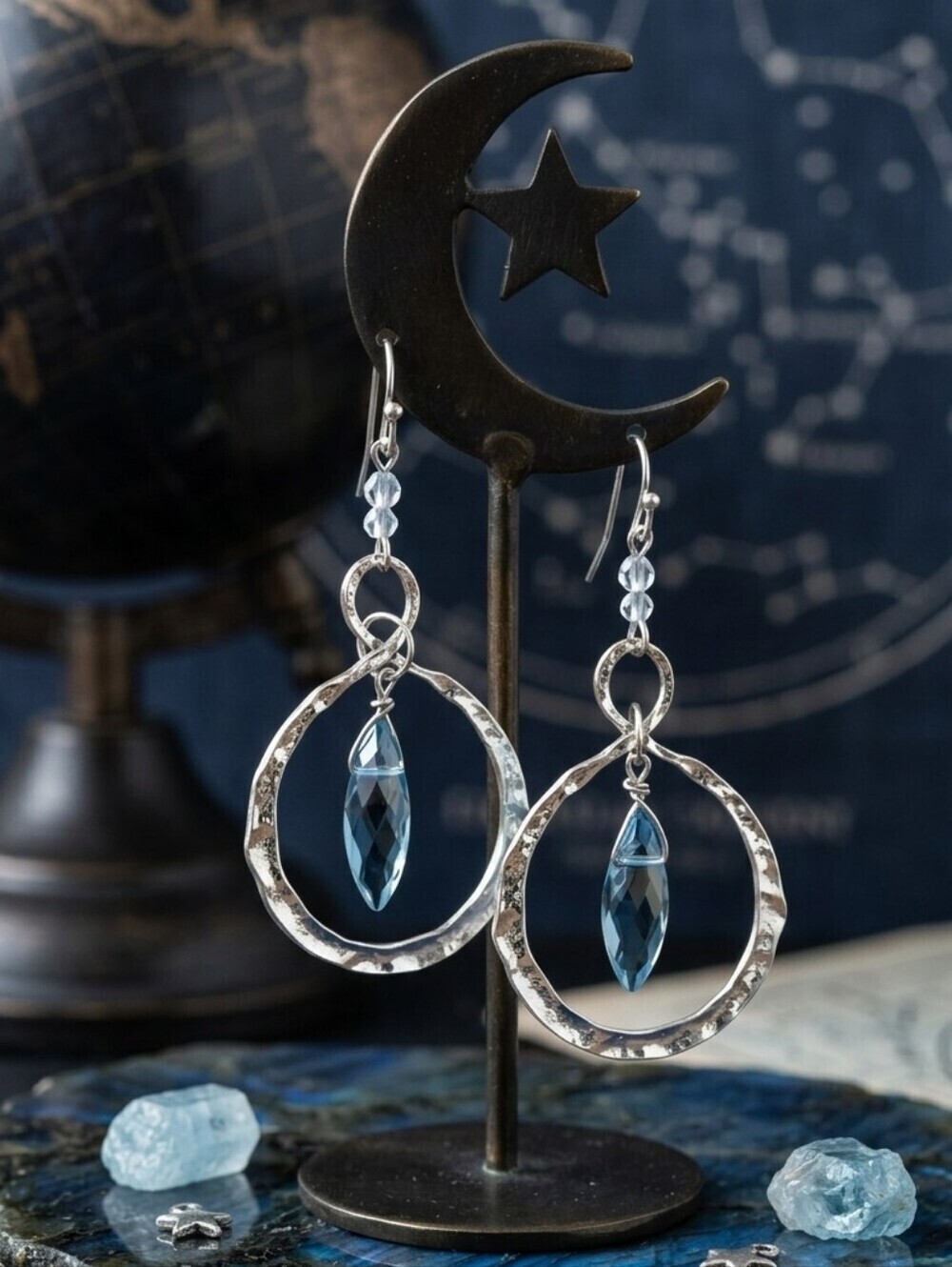 Hammered Silver Hoop Blue Crystal Dangle Earrings Whimsigoth Celestial Boho 2.8"